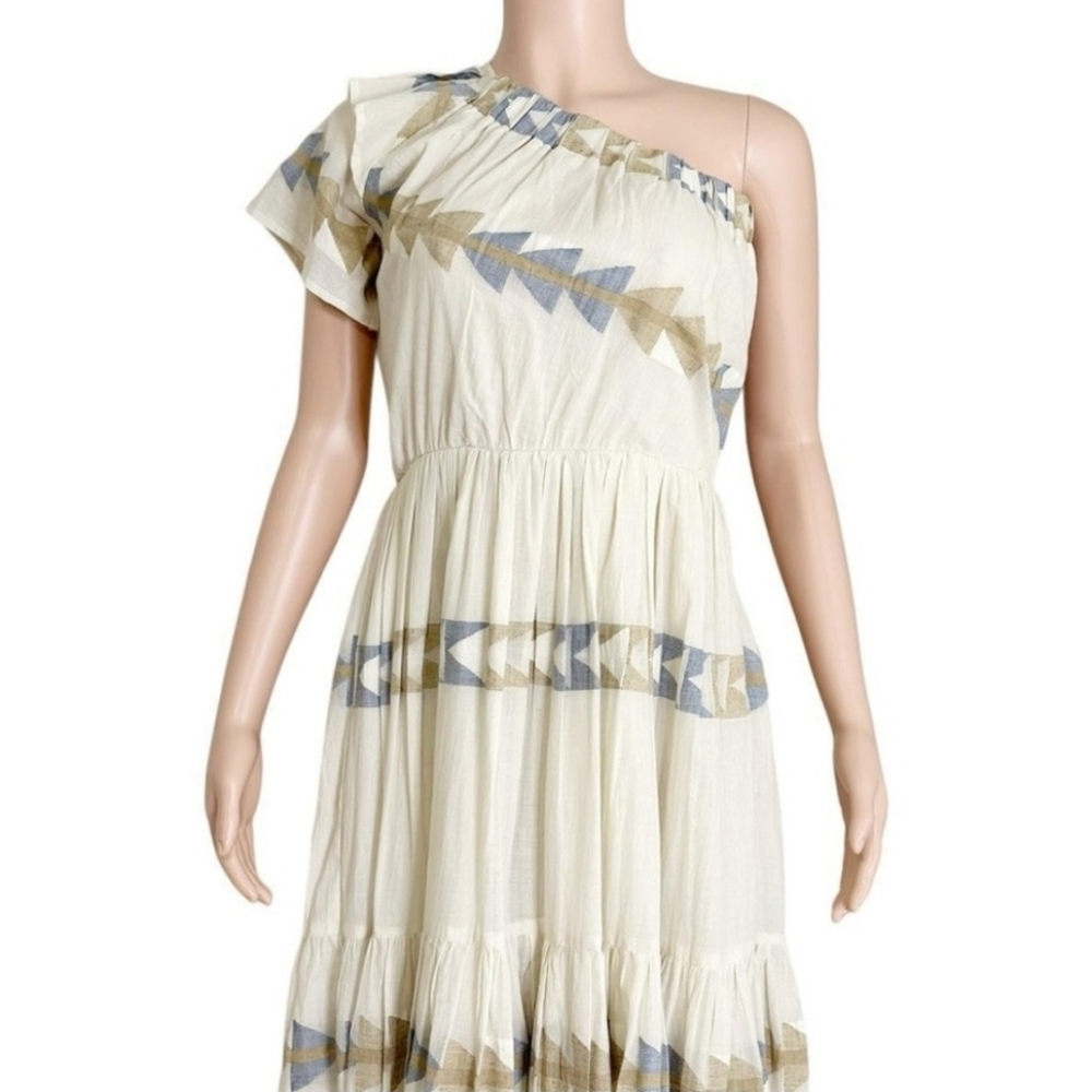 Mirth Paros One Shoulder Maxi Dress in White and Tan Wedding guest Size Large - Picture 6 of 16